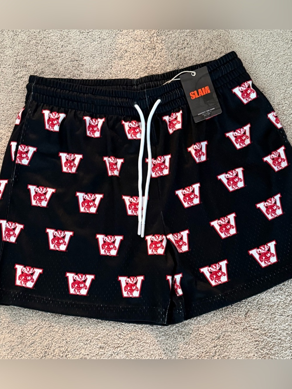 NWT Men XXL $55 SLAM Wisconsin Badgers Old School Gym Mesh All Over W SHORTS